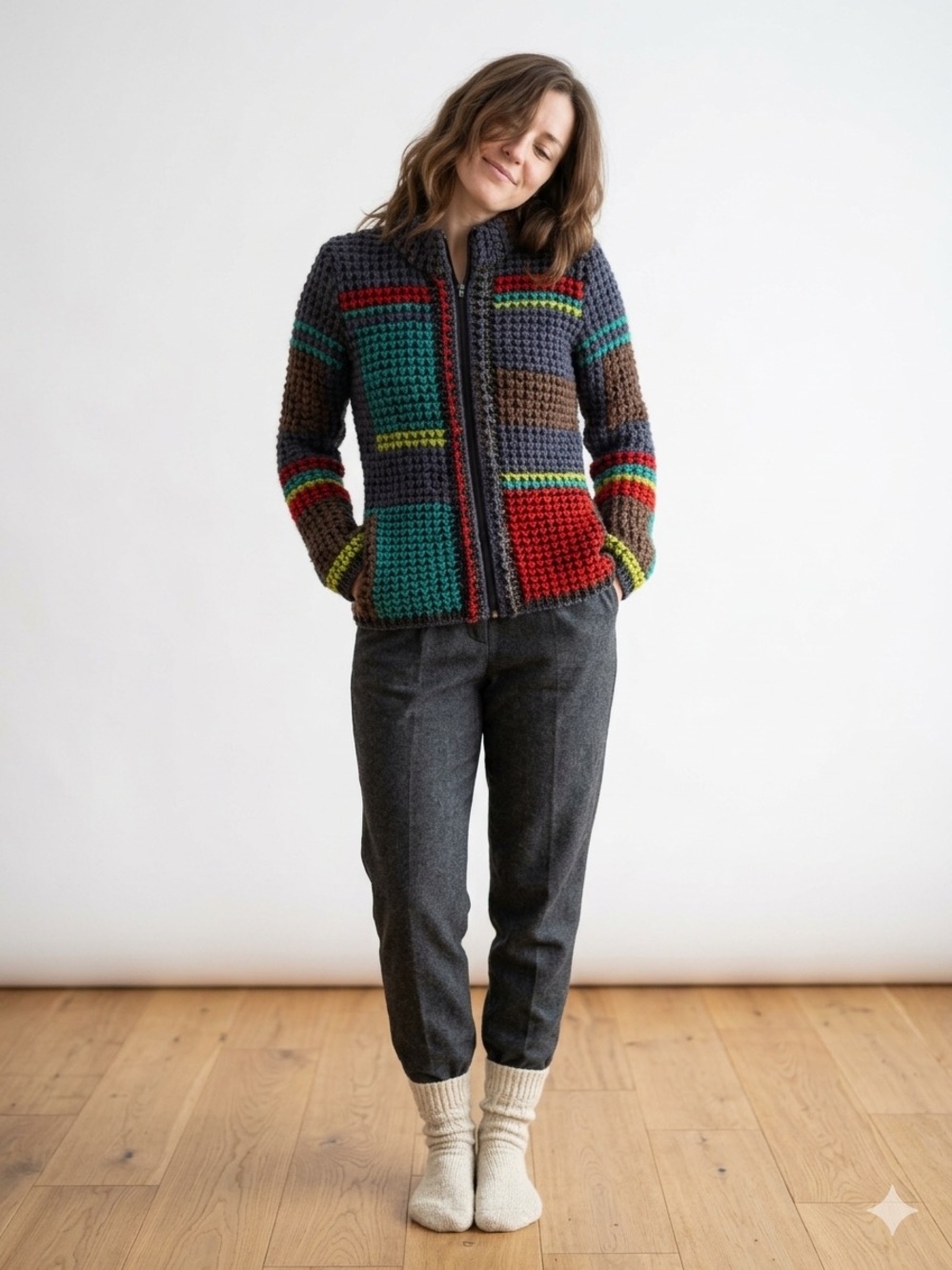 Alison Sheri Multicolor Chunky Crochet Cardigan - Blue & Brown Mix